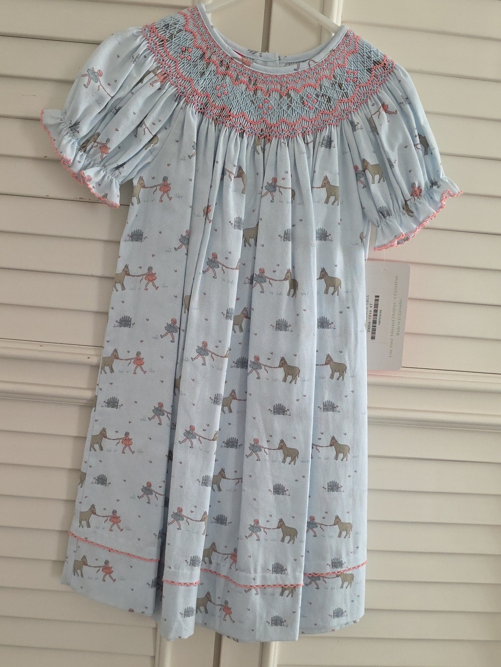 Light Blue Smocked Kids Dress with Pony Print